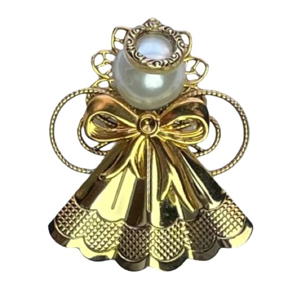 Goldtone Angel Pearl Brooch Pin Vintage Gold